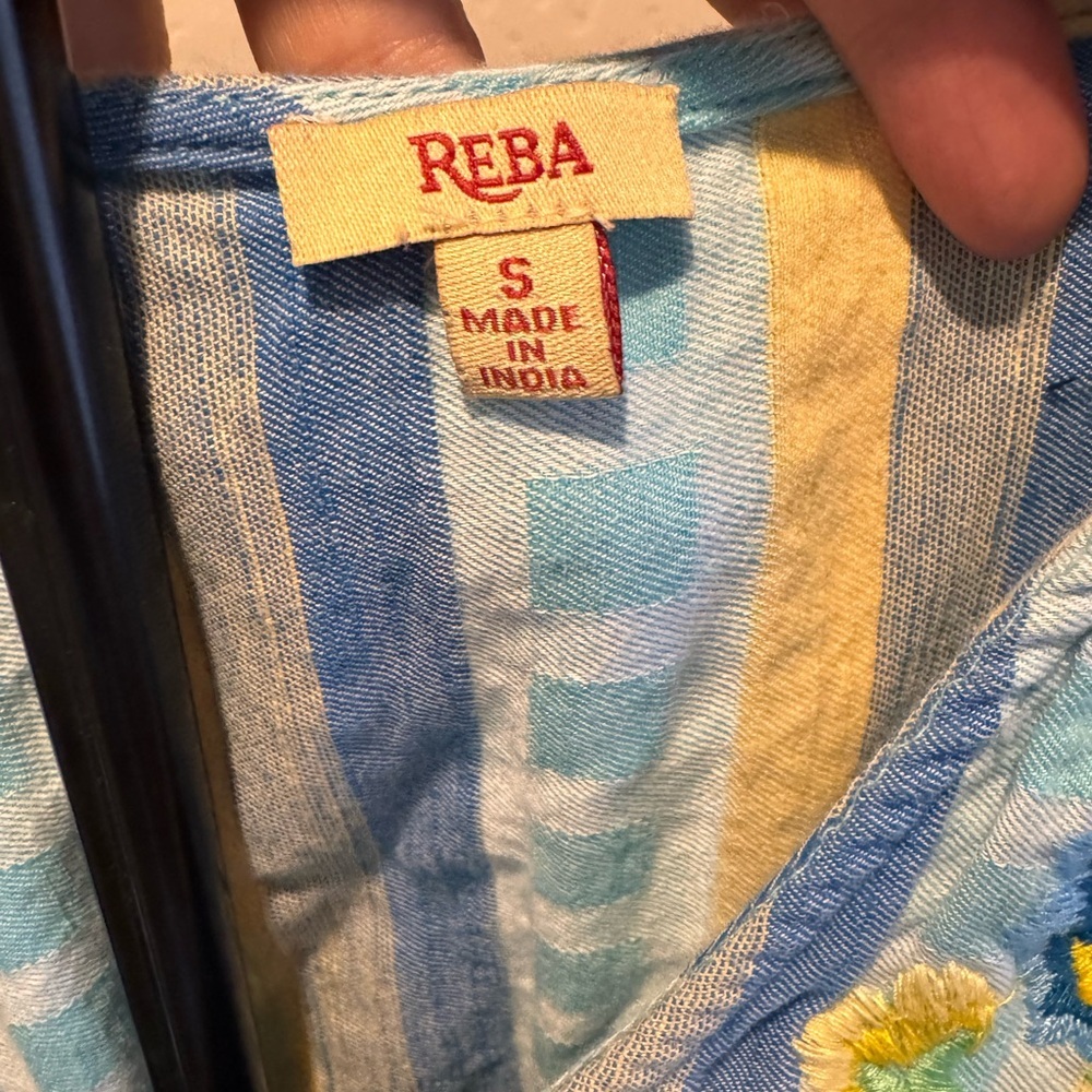 Reba Blue, Yellow & White Striped Floral Embroidered Midi Dress With Pockets - Picture 2 of 7